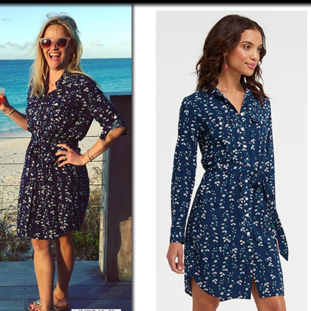 Draper James Dress Shirtdress 0 Floral Daisy Vine Navy Blue Belted Long Sleeve